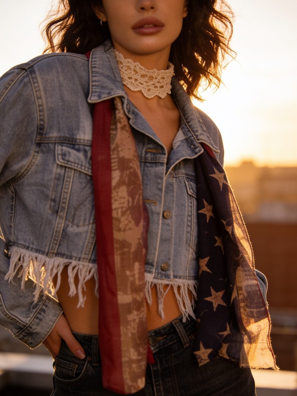 Womens Cropped Jean Jacket With Country Music Theme